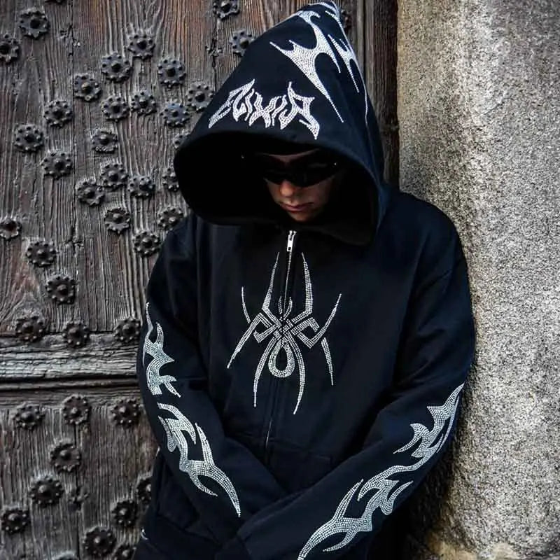 Nova Goth Spider Rhinestone Hoodie For Women