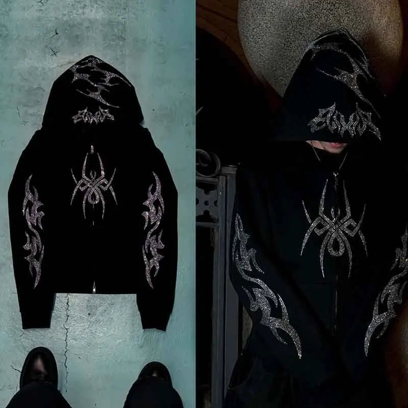 Nova Goth Spider Rhinestone Hoodie For Women