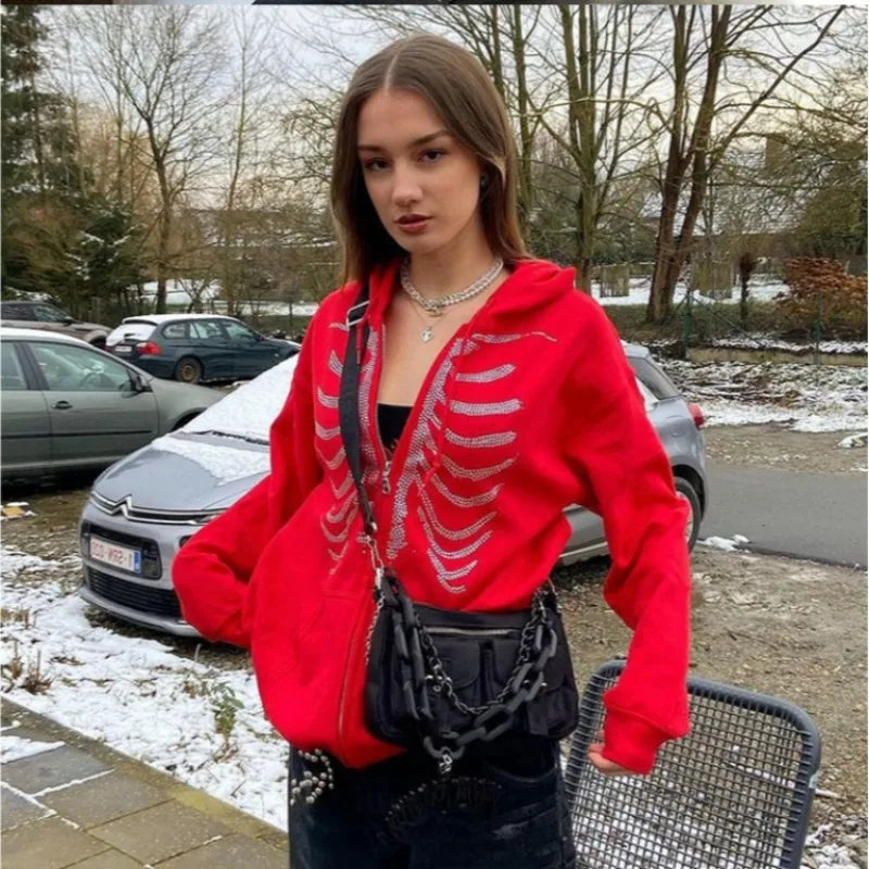 Nova Y2K Cropped Skeleton Rhinestone Hoodie For Women