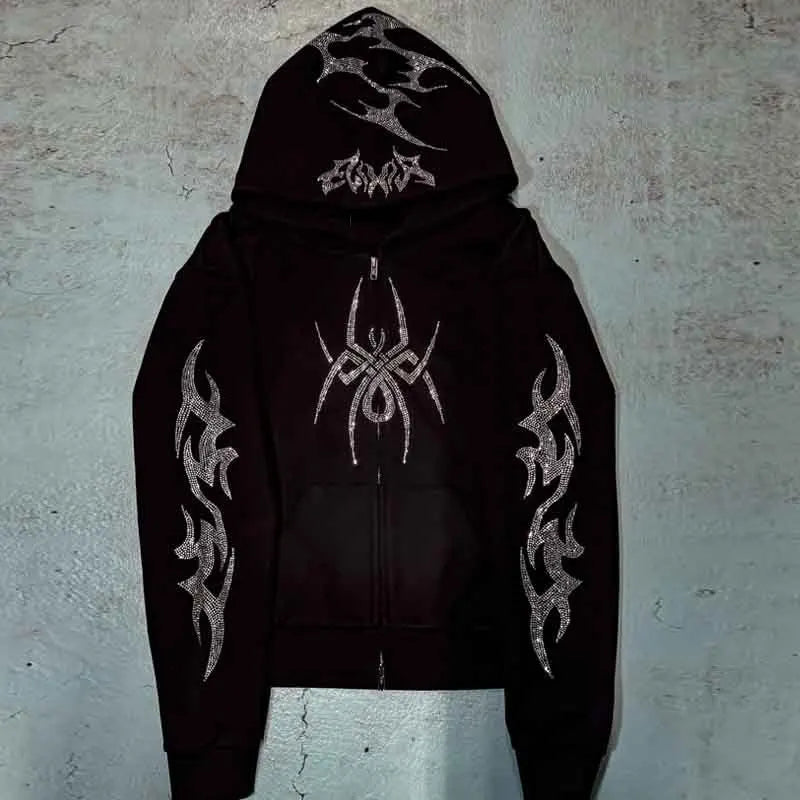 Nova Goth Spider Rhinestone Hoodie For Women