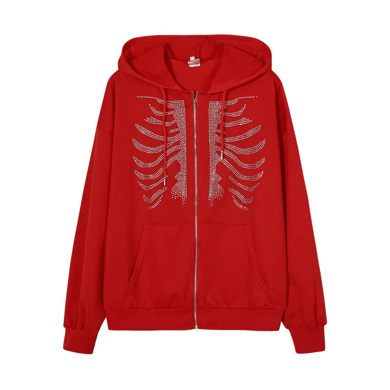 Nova Y2K Cropped Skeleton Rhinestone Hoodie For Women