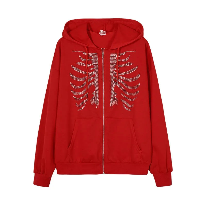 Nova Y2K Cropped Skeleton Rhinestone Hoodie For Women