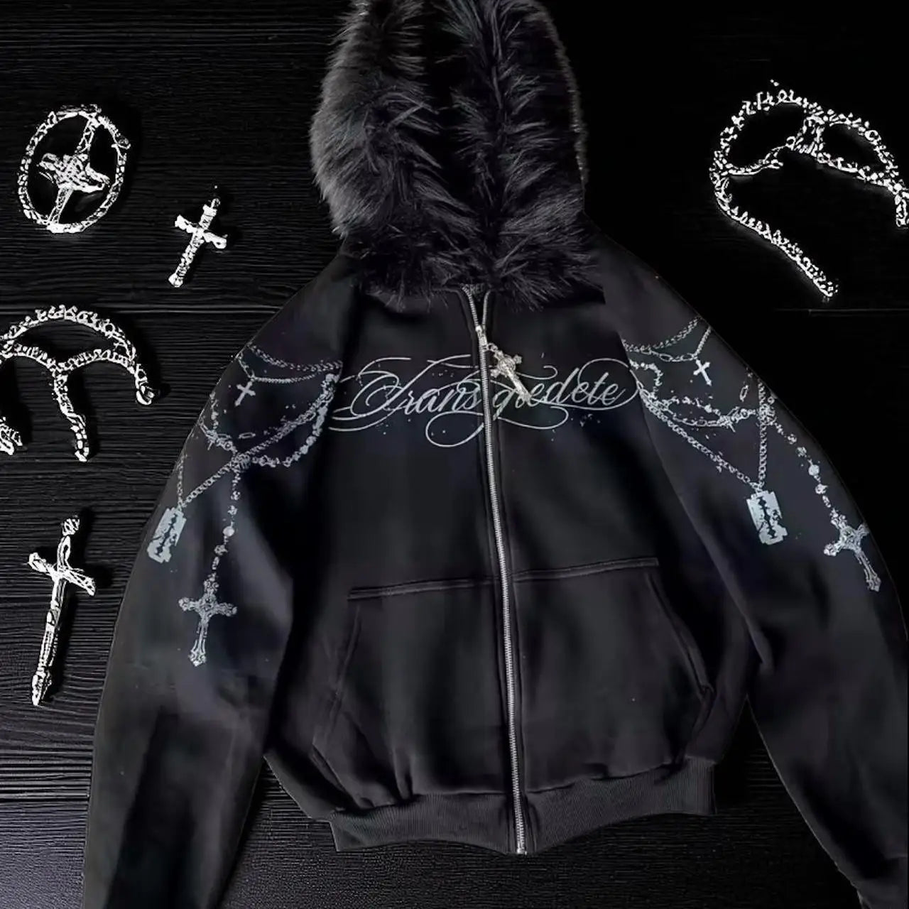 Nova Dark Gothic Rhinestone Hoodie For Women