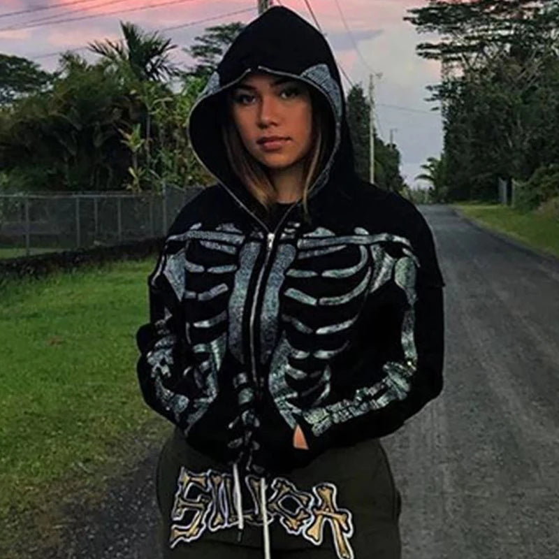 Nova Y2K Skeleton Full Zip Hoodie For Women