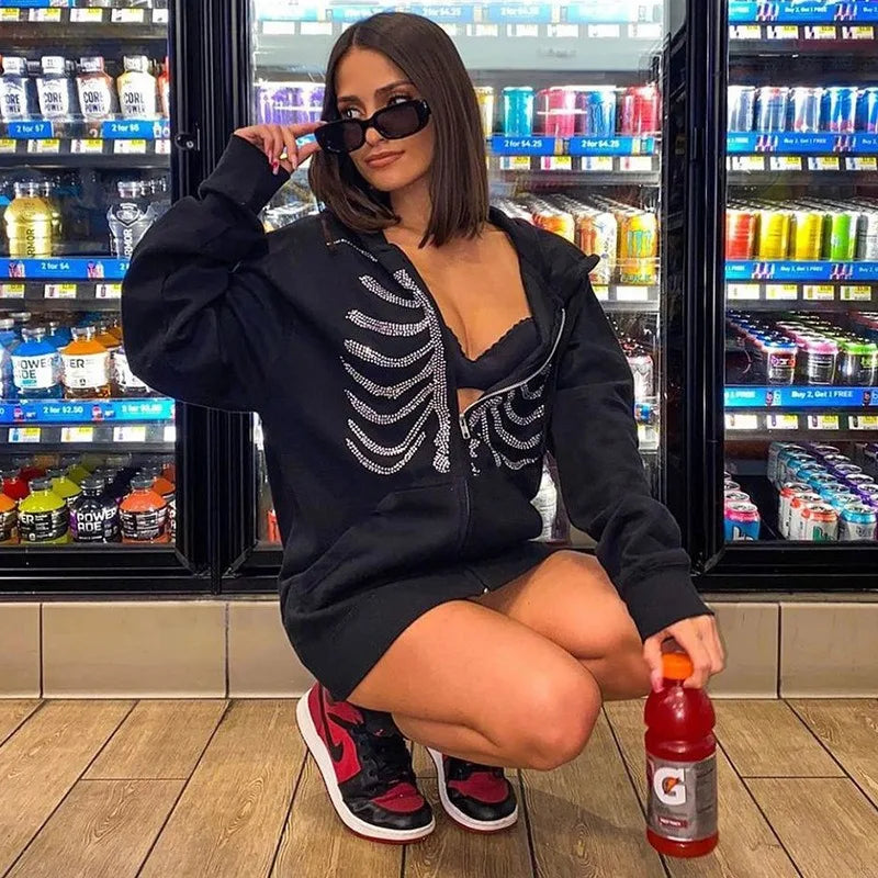 Nova Y2K Cropped Skeleton Rhinestone Hoodie For Women