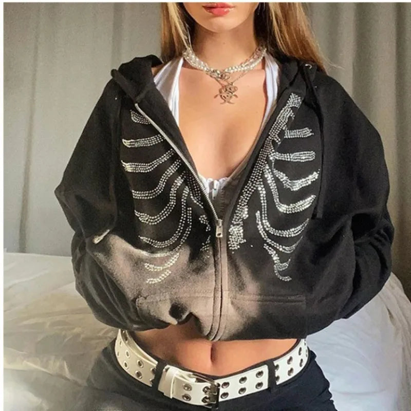 Nova Y2K Cropped Skeleton Rhinestone Hoodie For Women